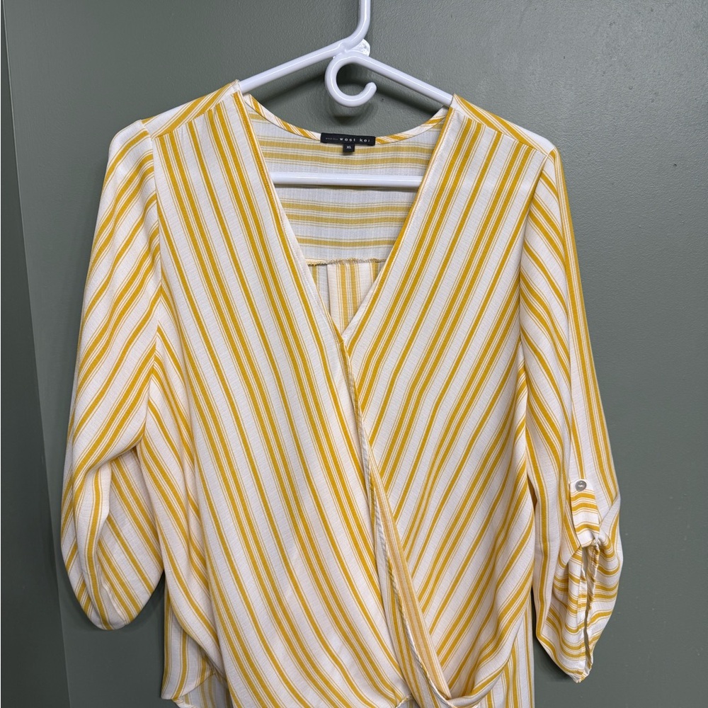 Yellow and White Striped Surplice Faux Wrap Blouse